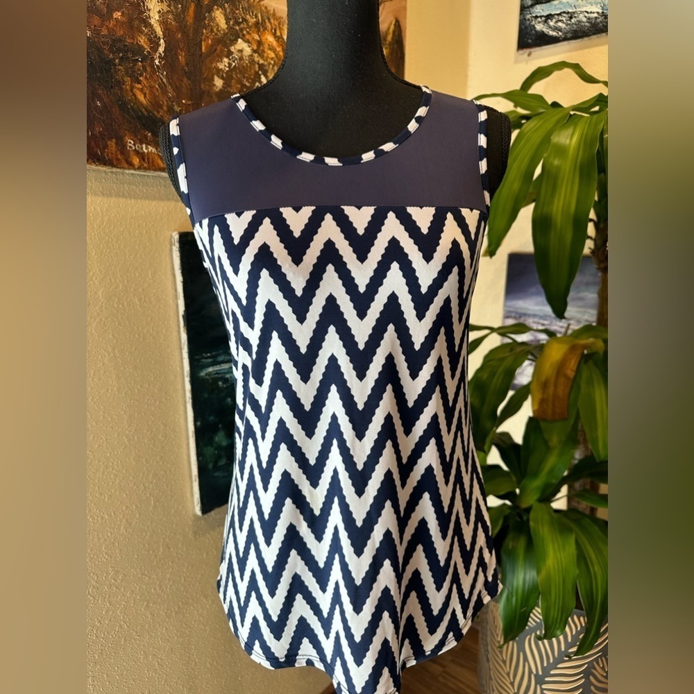 EUC Blue Planet Jersey & Mesh Sheer Yoke Sleeveless Blouse Top Sz L